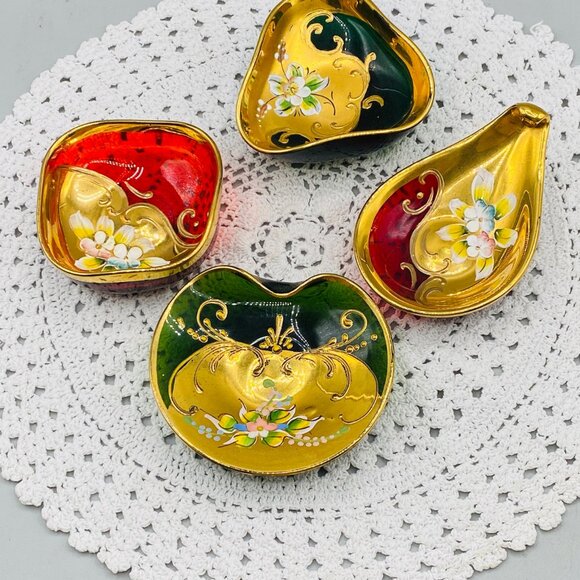 Murano Glass Trinket Dishes: Gold Gilt Painted Flowers, Set of 4 - Picture 1 of 9